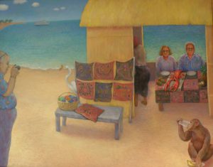 Painting of a beach with couple dining on lobster, a monkey, and a photographer