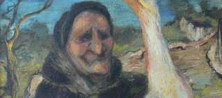 Painting by Louise Craven Hourrigan of an old woman in a black hood holding an enormous goose