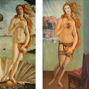 Two paintings of Venus with a half-shell, one by Botticelli and one by American painter Louise Craven Hourrigan