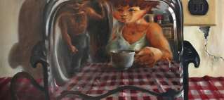 Woman and man reflected on a silver toaster. Painting by Louise Craven Hourrigan