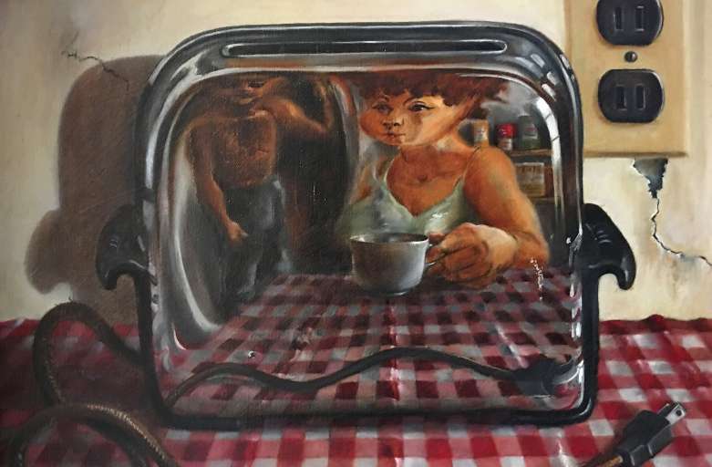 Woman and man reflected on a silver toaster. Painting by Louise Craven Hourrigan