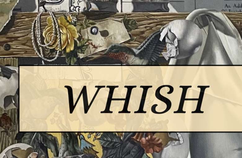 Book title "WHISH" overlay on painting of a pocket watch, wistful face, birds, and broken eggs.